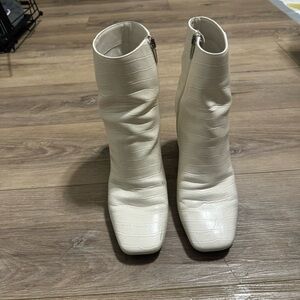 White Croc-Embossed Ankle Boots